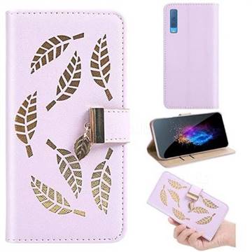 Hollow Leaves Phone Wallet Case for Samsung Galaxy A7 (2018) A750 - Purple
