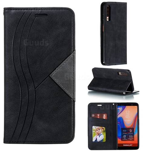 Retro S Streak Magnetic Leather Wallet Phone Case for Samsung Galaxy A7 (2018) A750 - Black