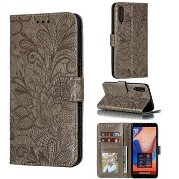 Intricate Embossing Lace Jasmine Flower Leather Wallet Case for Samsung Galaxy A7 (2018) A750 - Gray