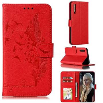 Intricate Embossing Lychee Feather Bird Leather Wallet Case for Samsung Galaxy A7 (2018) A750 - Red