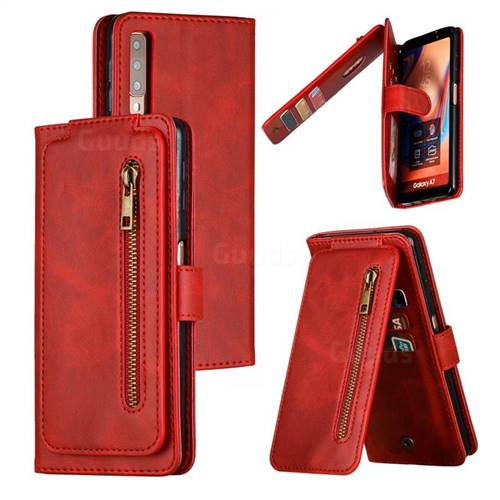 Multifunction 9 Cards Leather Zipper Wallet Phone Case for Samsung Galaxy A7 (2018) A750 - Red