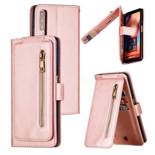 Multifunction 9 Cards Leather Zipper Wallet Phone Case for Samsung Galaxy A7 (2018) A750 - Rose Gold