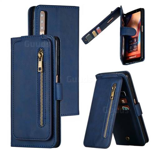 Multifunction 9 Cards Leather Zipper Wallet Phone Case for Samsung Galaxy A7 (2018) A750 - Blue