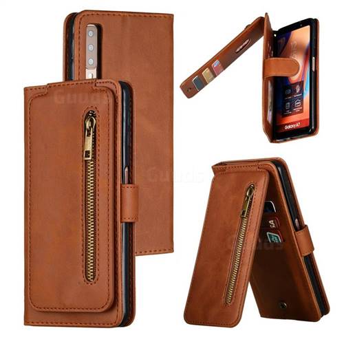 Multifunction 9 Cards Leather Zipper Wallet Phone Case for Samsung Galaxy A7 (2018) A750 - Brown