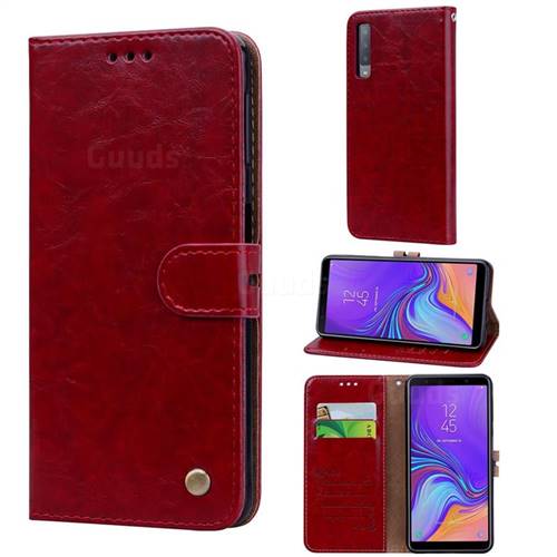 Luxury Retro Oil Wax PU Leather Wallet Phone Case for Samsung Galaxy A7 (2018) A750 - Brown Red