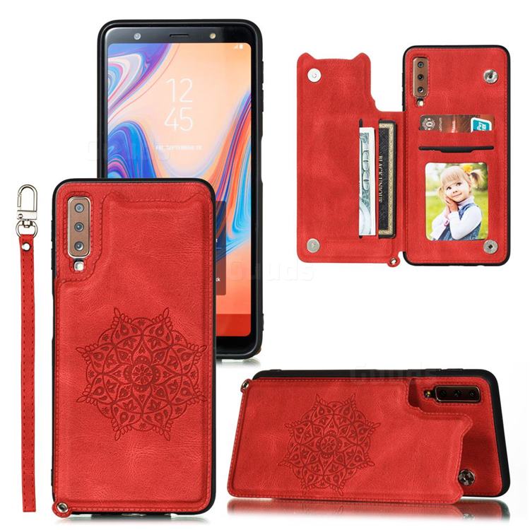 Luxury Mandala Multi-function Magnetic Card Slots Stand Leather Back Cover for Samsung Galaxy A7 (2018) A750 - Red