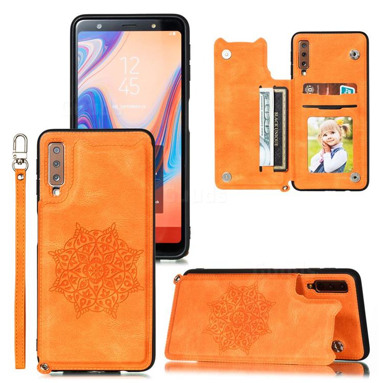 Luxury Mandala Multi-function Magnetic Card Slots Stand Leather Back Cover for Samsung Galaxy A7 (2018) A750 - Yellow