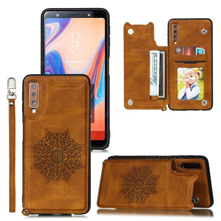 Luxury Mandala Multi-function Magnetic Card Slots Stand Leather Back Cover for Samsung Galaxy A7 (2018) A750 - Brown