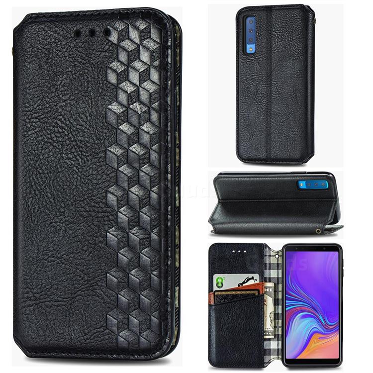 Ultra Slim Fashion Business Card Magnetic Automatic Suction Leather Flip Cover for Samsung Galaxy A7 (2018) A750 - Black