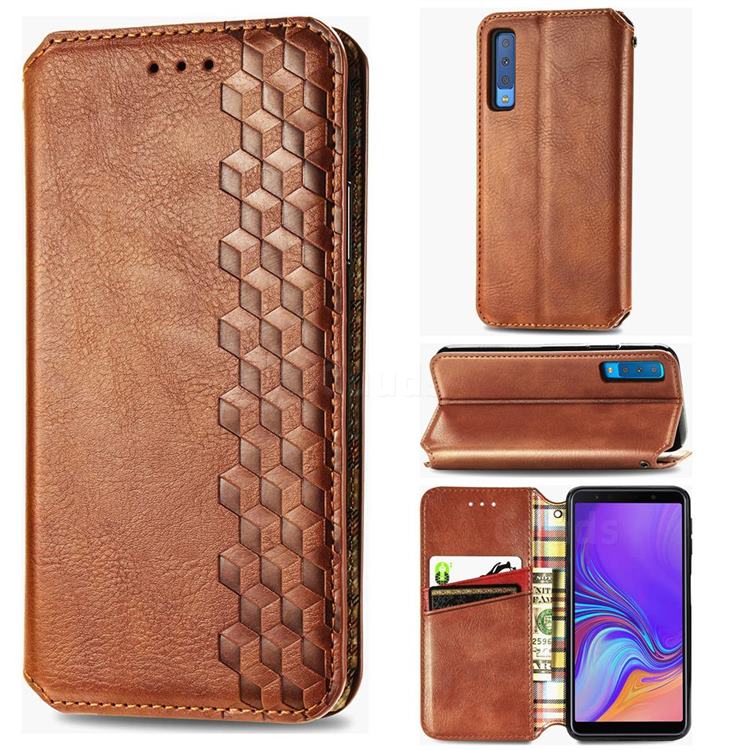 Ultra Slim Fashion Business Card Magnetic Automatic Suction Leather Flip Cover for Samsung Galaxy A7 (2018) A750 - Brown