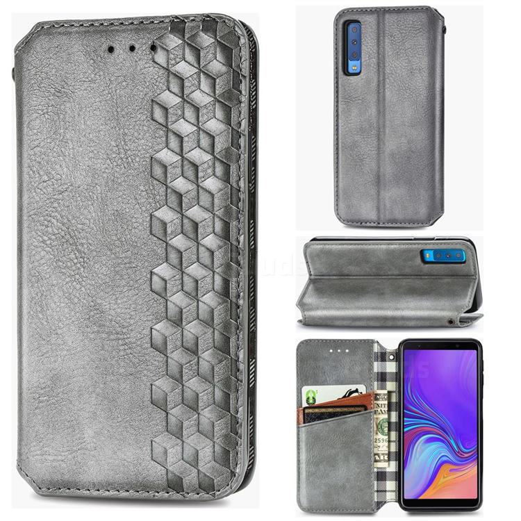 Ultra Slim Fashion Business Card Magnetic Automatic Suction Leather Flip Cover for Samsung Galaxy A7 (2018) A750 - Grey