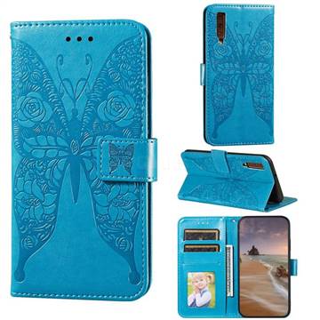 Intricate Embossing Rose Flower Butterfly Leather Wallet Case for Samsung Galaxy A7 (2018) A750 - Blue
