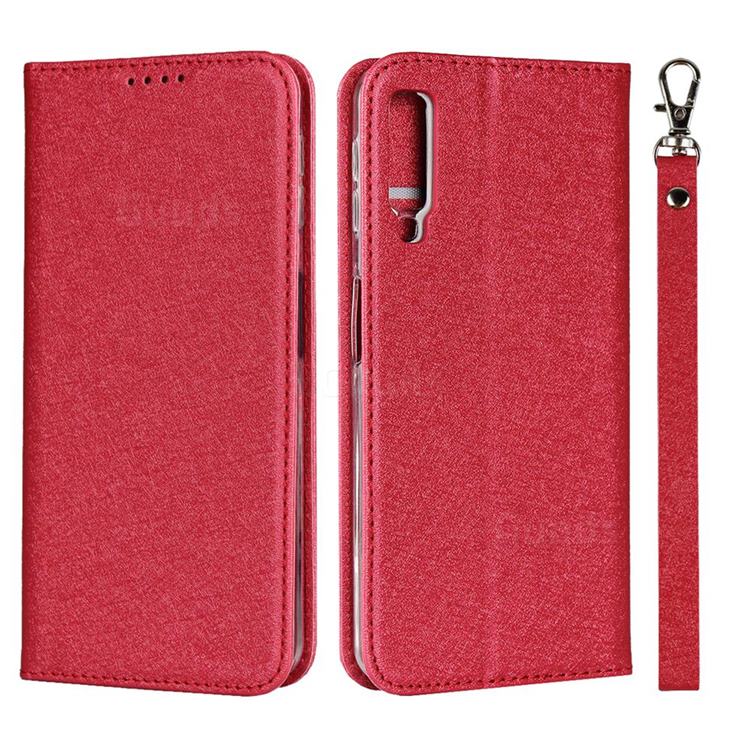 Ultra Slim Magnetic Automatic Suction Silk Lanyard Leather Flip Cover for Samsung Galaxy A7 (2018) A750 - Red