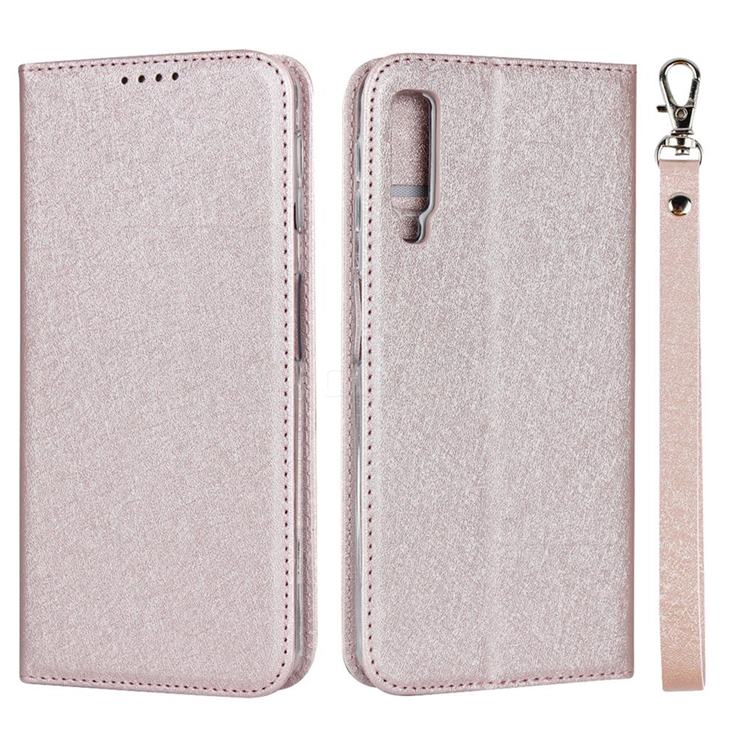 Ultra Slim Magnetic Automatic Suction Silk Lanyard Leather Flip Cover for Samsung Galaxy A7 (2018) A750 - Rose Gold