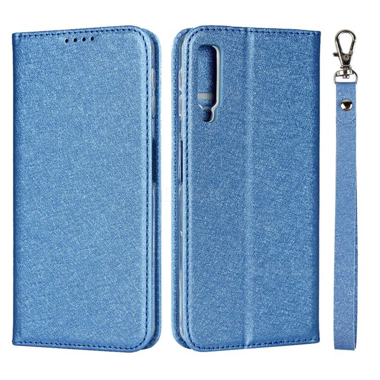Ultra Slim Magnetic Automatic Suction Silk Lanyard Leather Flip Cover for Samsung Galaxy A7 (2018) A750 - Sky Blue