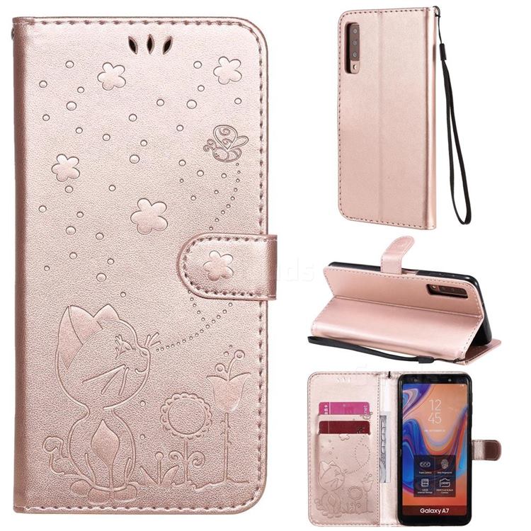 Embossing Bee and Cat Leather Wallet Case for Samsung Galaxy A7 (2018) A750 - Rose Gold