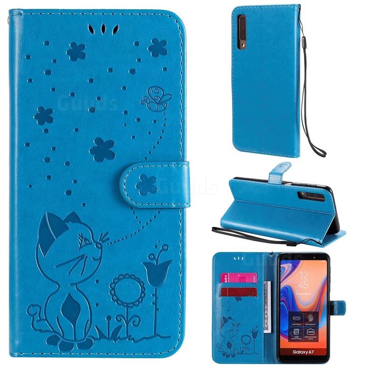 Embossing Bee and Cat Leather Wallet Case for Samsung Galaxy A7 (2018) A750 - Blue