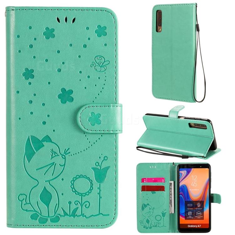 Embossing Bee and Cat Leather Wallet Case for Samsung Galaxy A7 (2018) A750 - Green