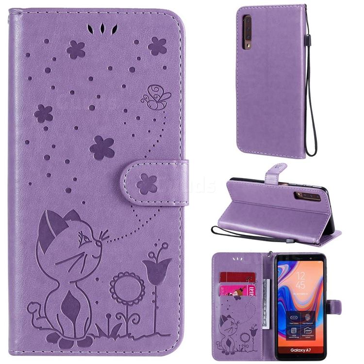 Embossing Bee and Cat Leather Wallet Case for Samsung Galaxy A7 (2018) A750 - Purple