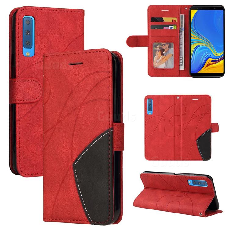 Luxury Two-color Stitching Leather Wallet Case Cover for Samsung Galaxy A7 (2018) A750 - Red