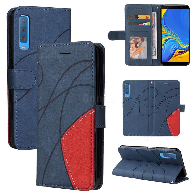Luxury Two-color Stitching Leather Wallet Case Cover for Samsung Galaxy A7 (2018) A750 - Blue