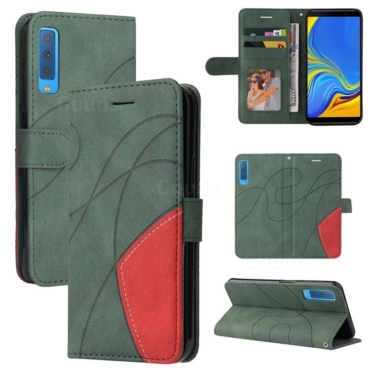 Luxury Two-color Stitching Leather Wallet Case Cover for Samsung Galaxy A7 (2018) A750 - Green