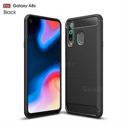Luxury Carbon Fiber Brushed Wire Drawing Silicone TPU Back Cover for Samsung Galaxy A8s - Black