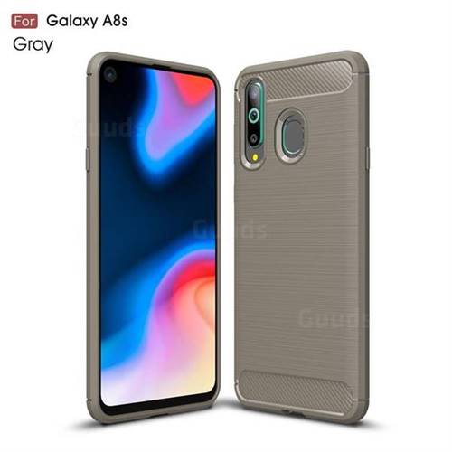 Luxury Carbon Fiber Brushed Wire Drawing Silicone TPU Back Cover for Samsung Galaxy A8s - Gray