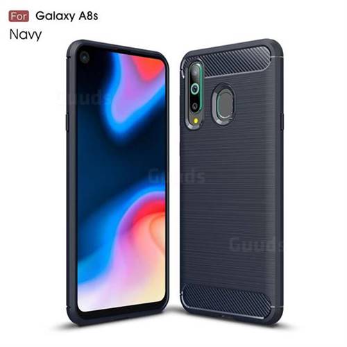 Luxury Carbon Fiber Brushed Wire Drawing Silicone TPU Back Cover for Samsung Galaxy A8s - Navy