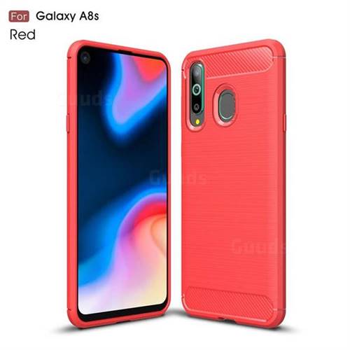 Luxury Carbon Fiber Brushed Wire Drawing Silicone TPU Back Cover for Samsung Galaxy A8s - Red