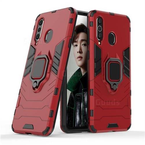 Black Panther Armor Metal Ring Grip Shockproof Dual Layer Rugged Hard Cover for Samsung Galaxy A8s - Red