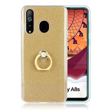 Luxury Soft TPU Glitter Back Ring Cover with 360 Rotate Finger Holder Buckle for Samsung Galaxy A8s - Golden