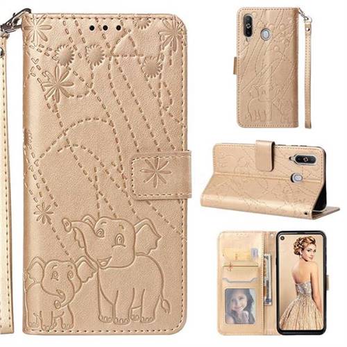 Embossing Fireworks Elephant Leather Wallet Case for Samsung Galaxy A8s - Golden