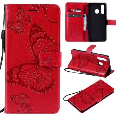 Embossing 3D Butterfly Leather Wallet Case for Samsung Galaxy A8s - Red