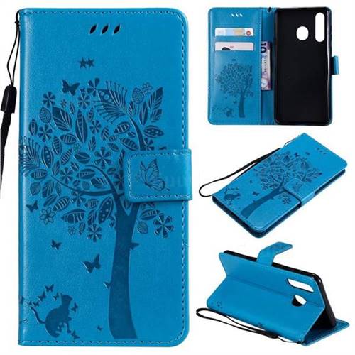 Embossing Butterfly Tree Leather Wallet Case for Samsung Galaxy A8s - Blue