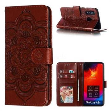 Intricate Embossing Datura Solar Leather Wallet Case for Samsung Galaxy A8s - Brown