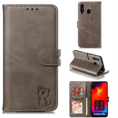 Embossing Happy Cat Leather Wallet Case for Samsung Galaxy A8s - Gray