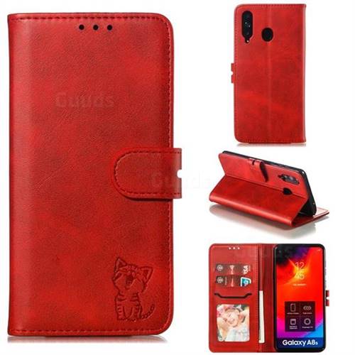 Embossing Happy Cat Leather Wallet Case for Samsung Galaxy A8s - Red