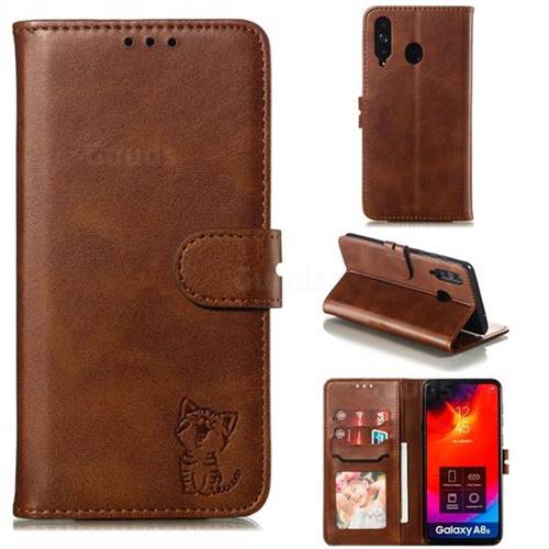 Embossing Happy Cat Leather Wallet Case for Samsung Galaxy A8s - Brown