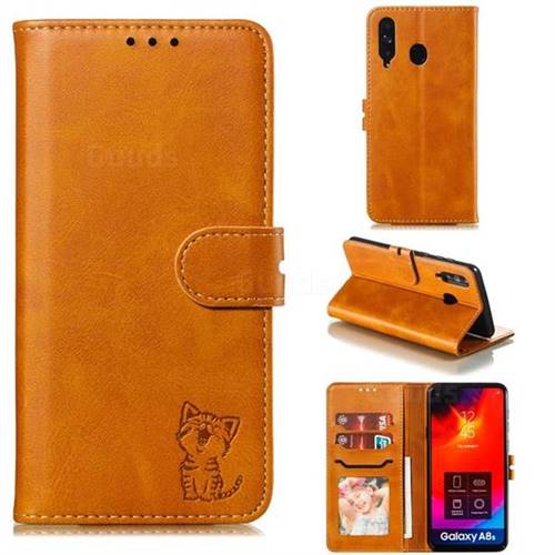 Embossing Happy Cat Leather Wallet Case for Samsung Galaxy A8s - Yellow