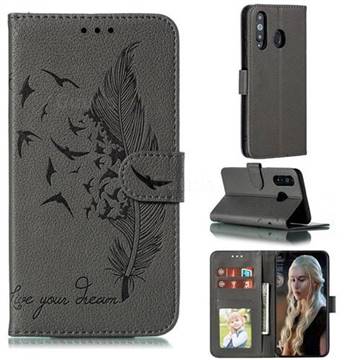 Intricate Embossing Lychee Feather Bird Leather Wallet Case for Samsung Galaxy A8s - Gray