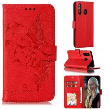 Intricate Embossing Lychee Feather Bird Leather Wallet Case for Samsung Galaxy A8s - Red