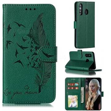 Intricate Embossing Lychee Feather Bird Leather Wallet Case for Samsung Galaxy A8s - Green