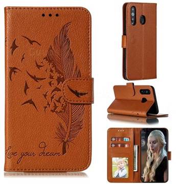 Intricate Embossing Lychee Feather Bird Leather Wallet Case for Samsung Galaxy A8s - Brown