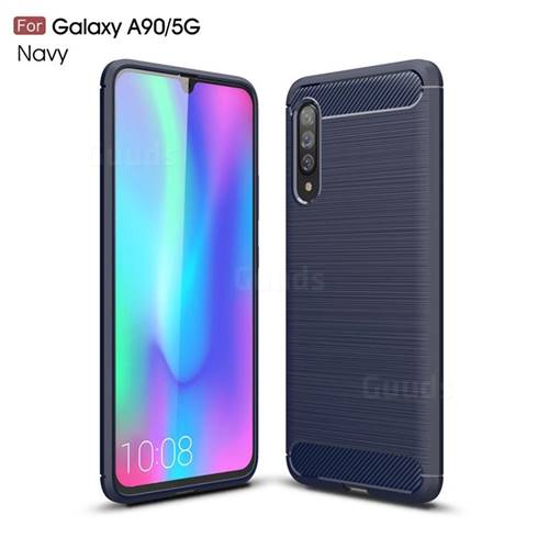 Luxury Carbon Fiber Brushed Wire Drawing Silicone TPU Back Cover for Samsung Galaxy A90 5G - Navy