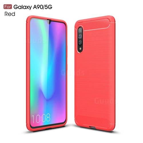 Luxury Carbon Fiber Brushed Wire Drawing Silicone TPU Back Cover for Samsung Galaxy A90 5G - Red