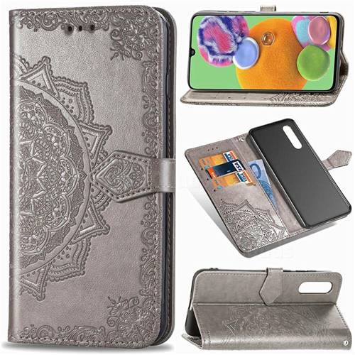 Embossing Imprint Mandala Flower Leather Wallet Case for Samsung Galaxy A90 5G - Gray