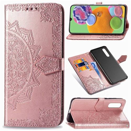 Embossing Imprint Mandala Flower Leather Wallet Case for Samsung Galaxy A90 5G - Rose Gold