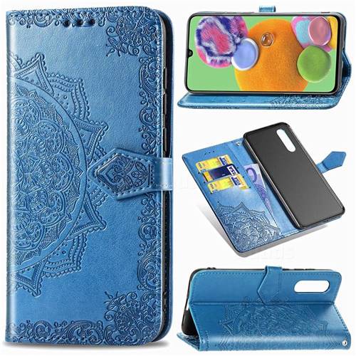 Embossing Imprint Mandala Flower Leather Wallet Case for Samsung Galaxy A90 5G - Blue