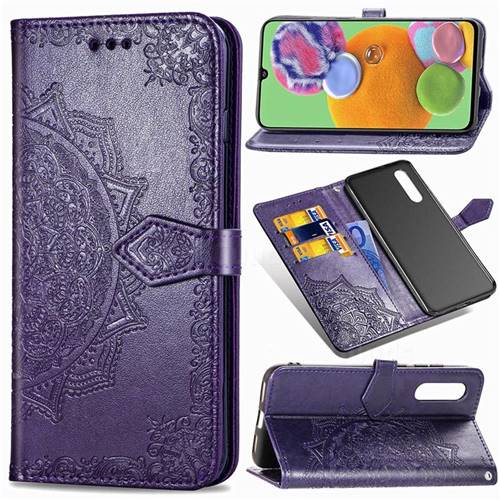 Embossing Imprint Mandala Flower Leather Wallet Case for Samsung Galaxy A90 5G - Purple